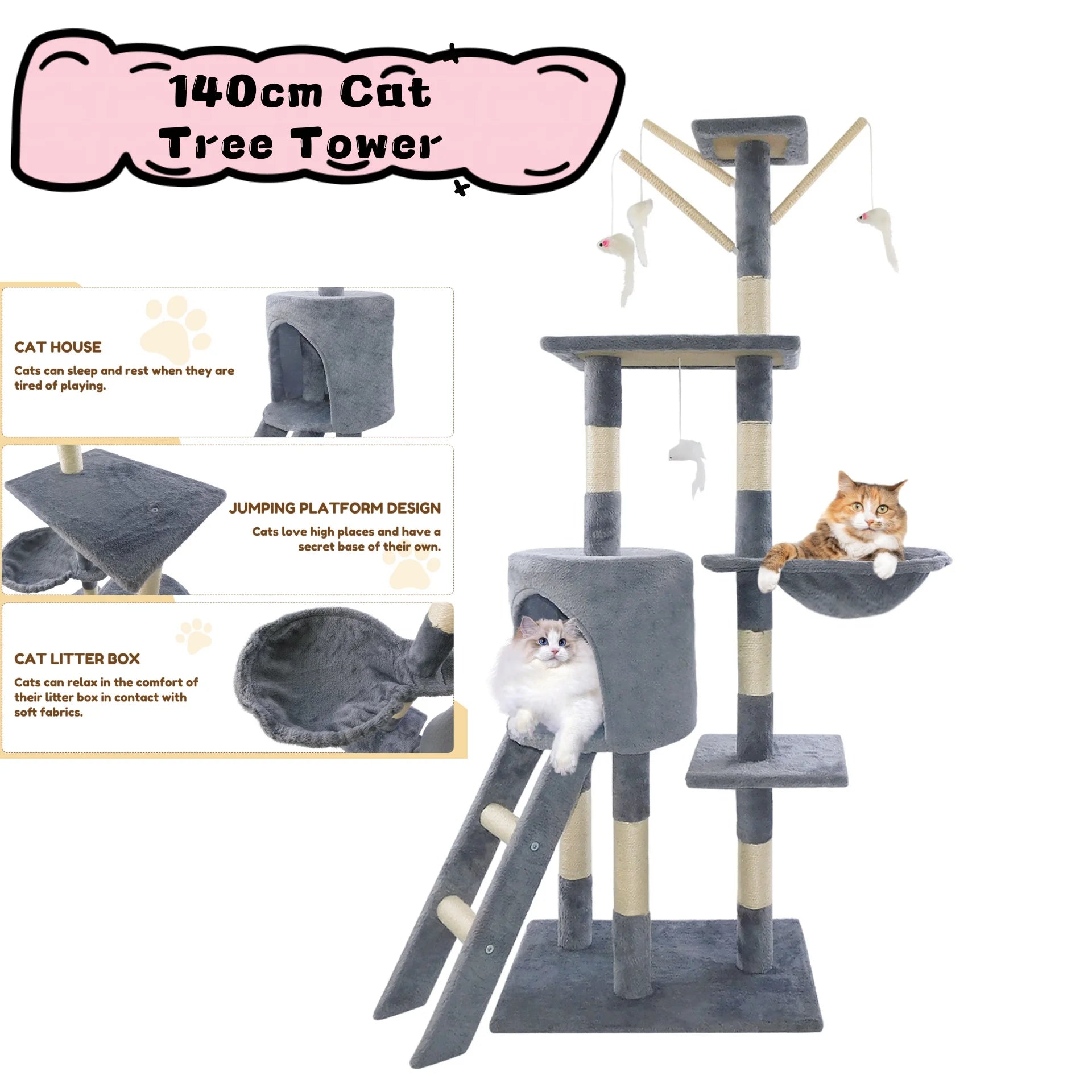 Cat Tree Tower 140cm Multilevel Scratching Post with Condos & Ladder Pet Activity Centre