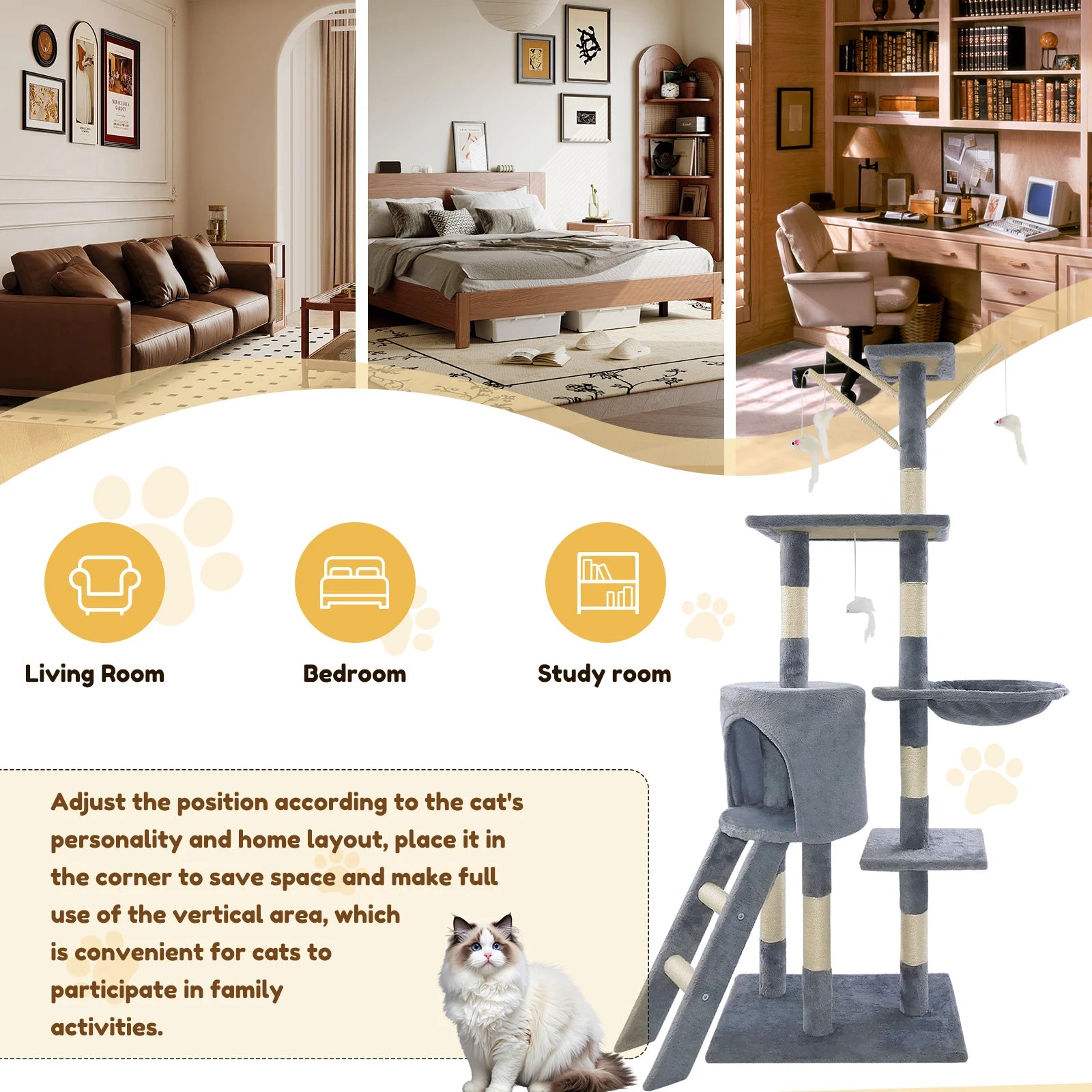 Cat Tree Tower 140cm Multilevel Scratching Post with Condos & Ladder Pet Activity Centre